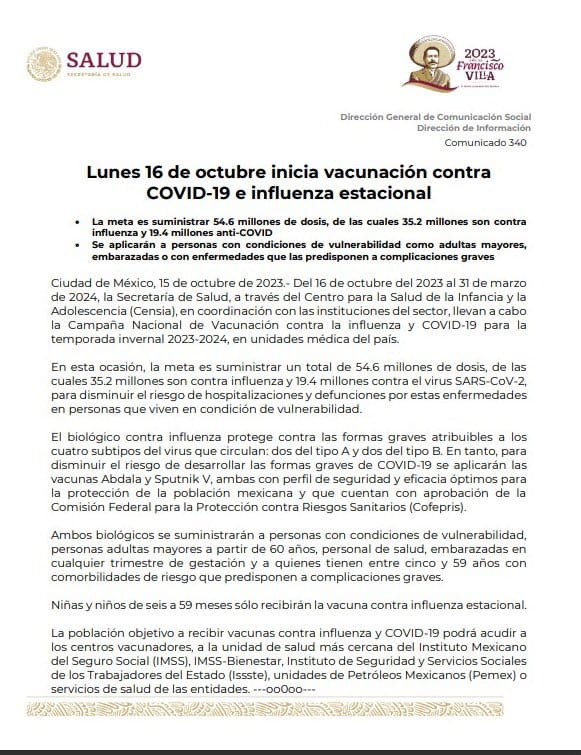 Comunicado de influencia y covid - 19