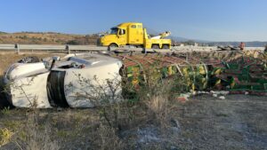 Un tráiler que transportaba pollos se volcó sobre la autopista Siglo XXI tráiler