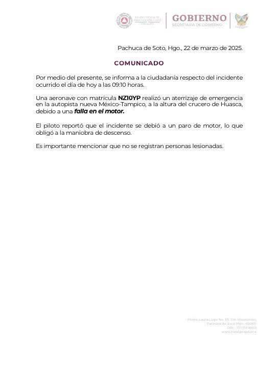 Avioneta aterrizó de emergencia en la Pachuca - Huasca l Comunicado