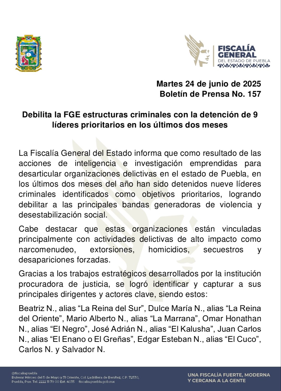 Golpe a la delincuencia organizada capturan a 9 líderes criminales en Puebla Comunicado