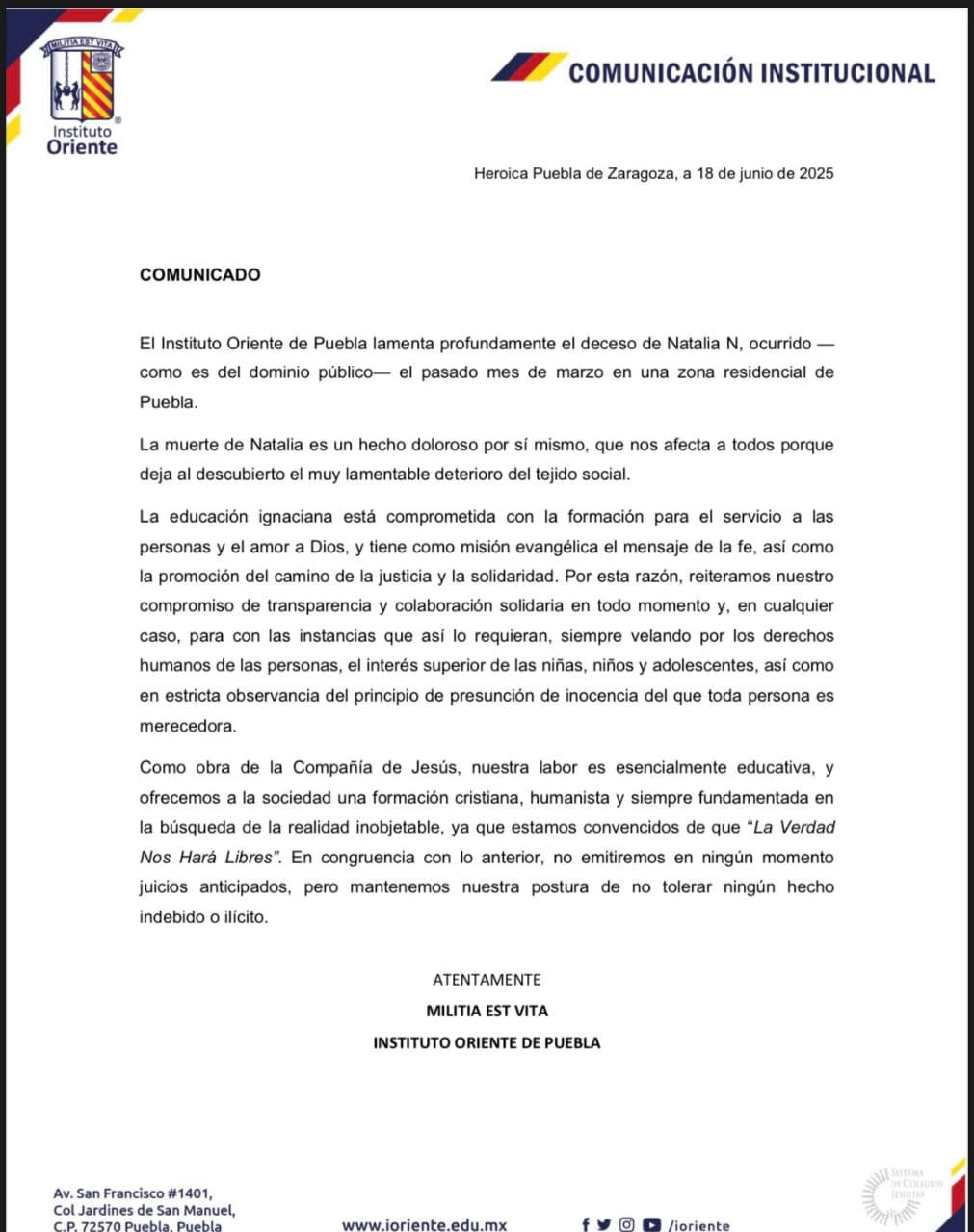 Menor de 12 años es vinculado a proceso por el asesinato de Natalia Andrade Comunicado