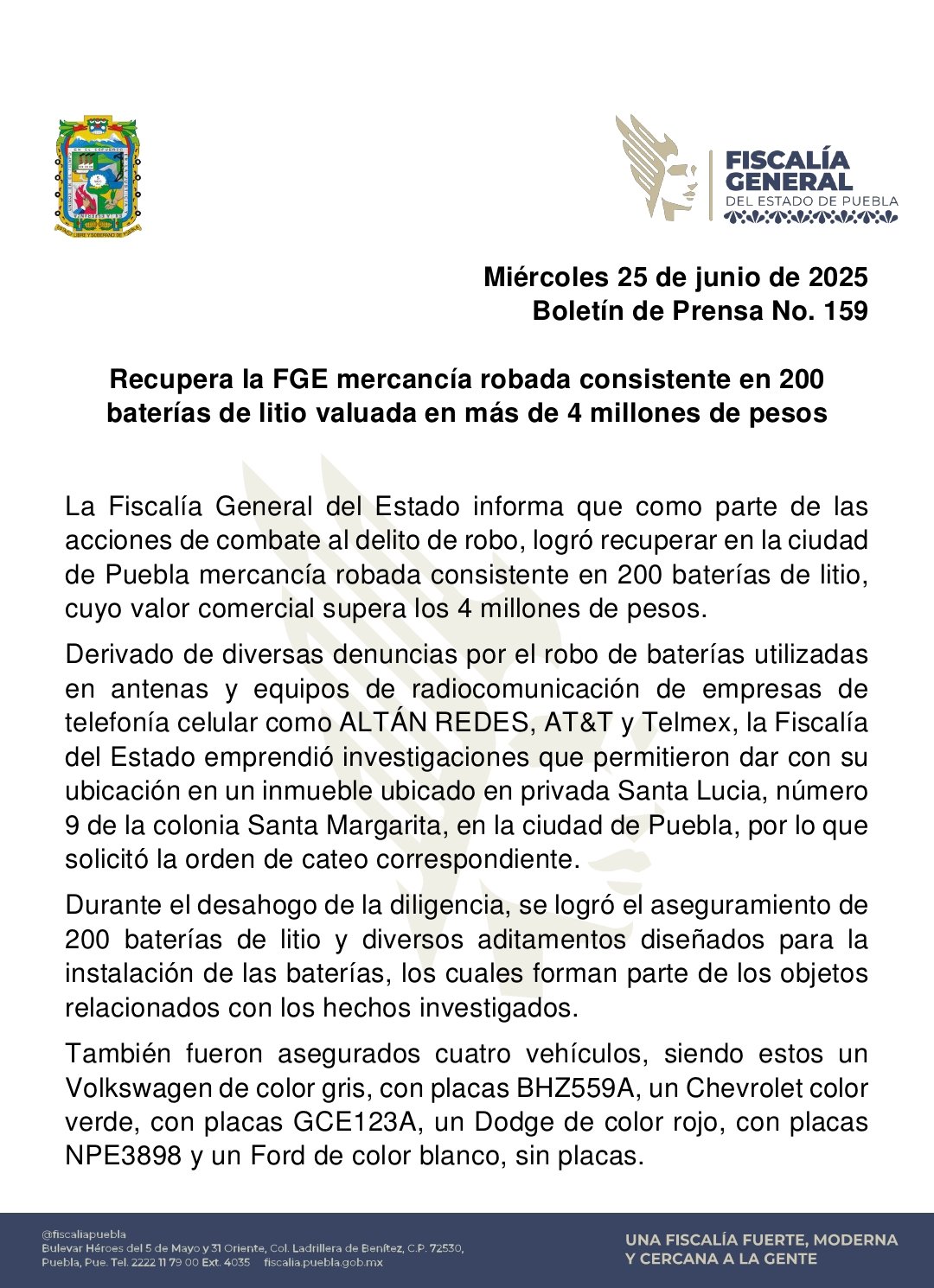 Recupera Fiscalía de Puebla 200 baterías de litio robadas en Santa Margarita Comunicado