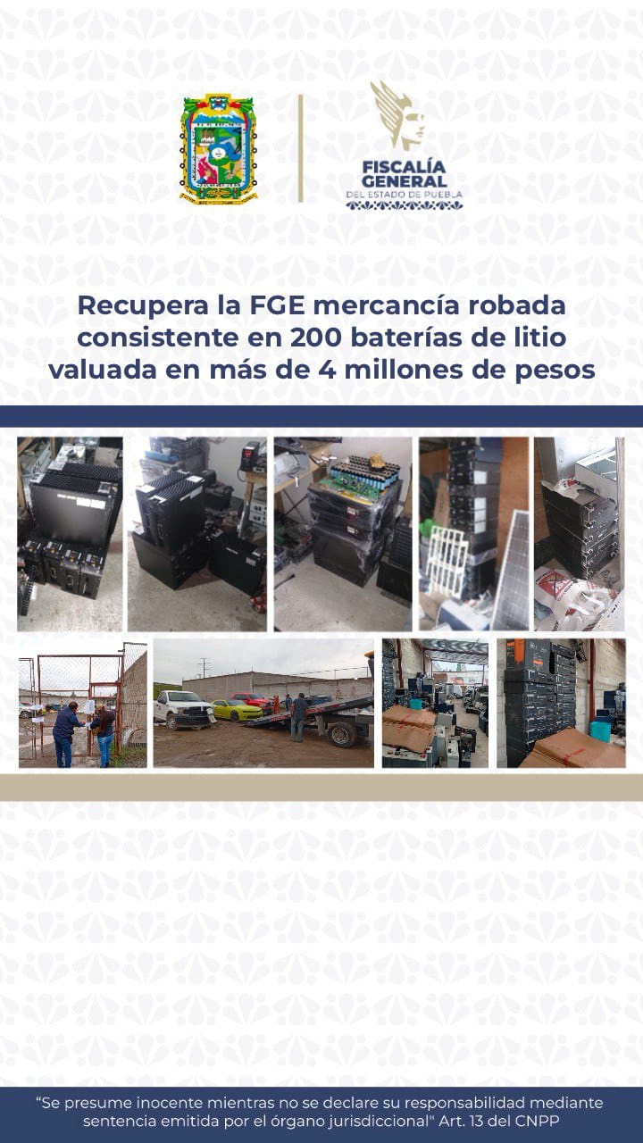 Recupera Fiscalía de Puebla 200 baterías de litio robadas en Santa Margarita Objetos