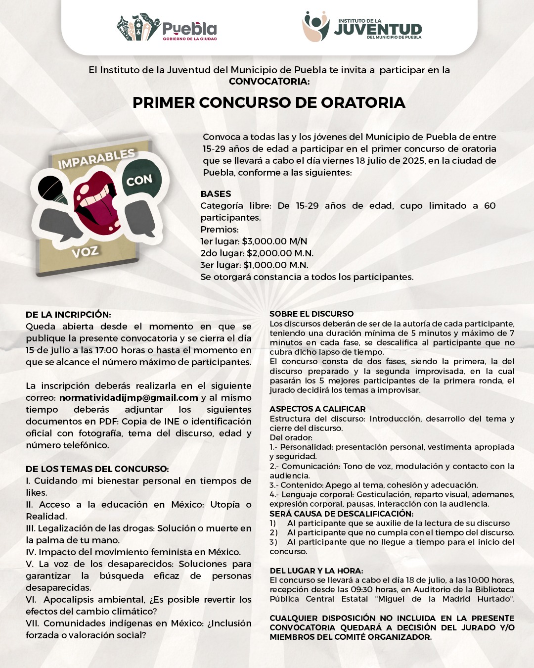 El Instituto de la Juventud del Municipio de Puebla invitan a jóvenes poblanos al Primer Concurso de Oratoria 2025