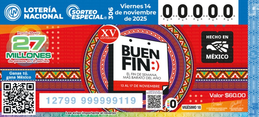 Lotería Nacional presenta billete conmemorativo del XV Aniversario de El Buen Fin