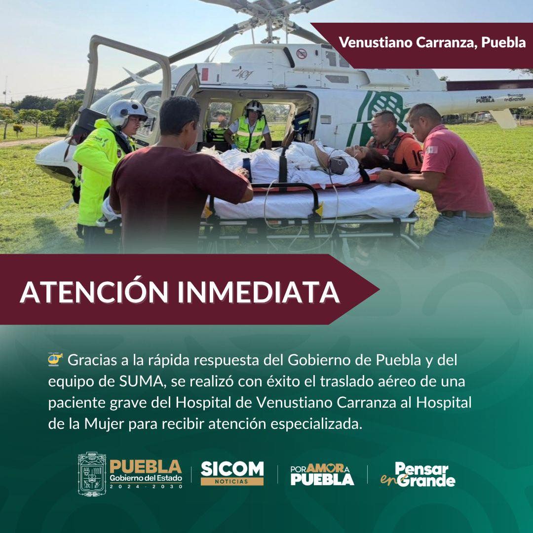 Dos traslados aéreos exitosos de pacientes con complicaciones de salud en Puebla