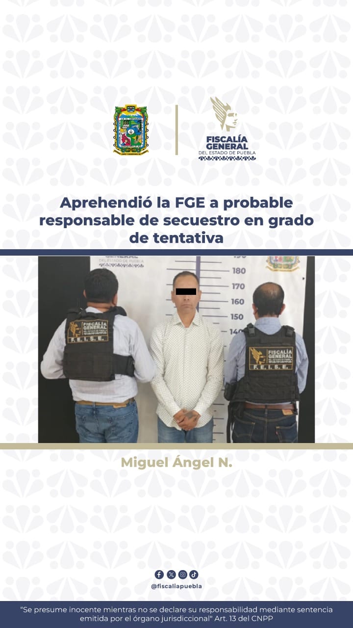 Detienen en Puebla a Miguel Ángel N. por presunto intento de secuestro