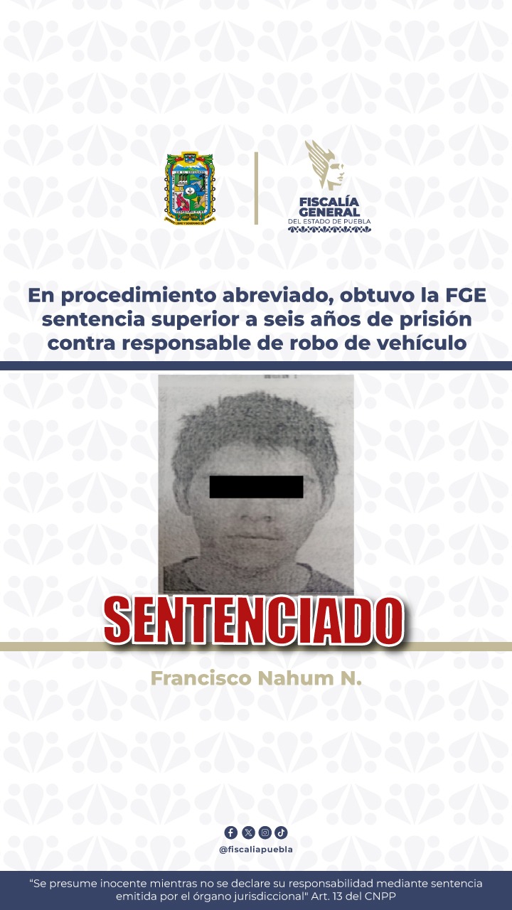 FGE Puebla logra sentencia por robo de vehículo