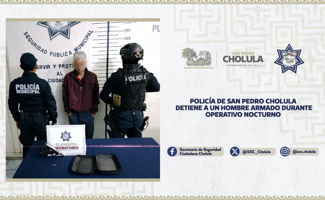 Aseguran arma y detienen a sujeto en San Pedro Cholula