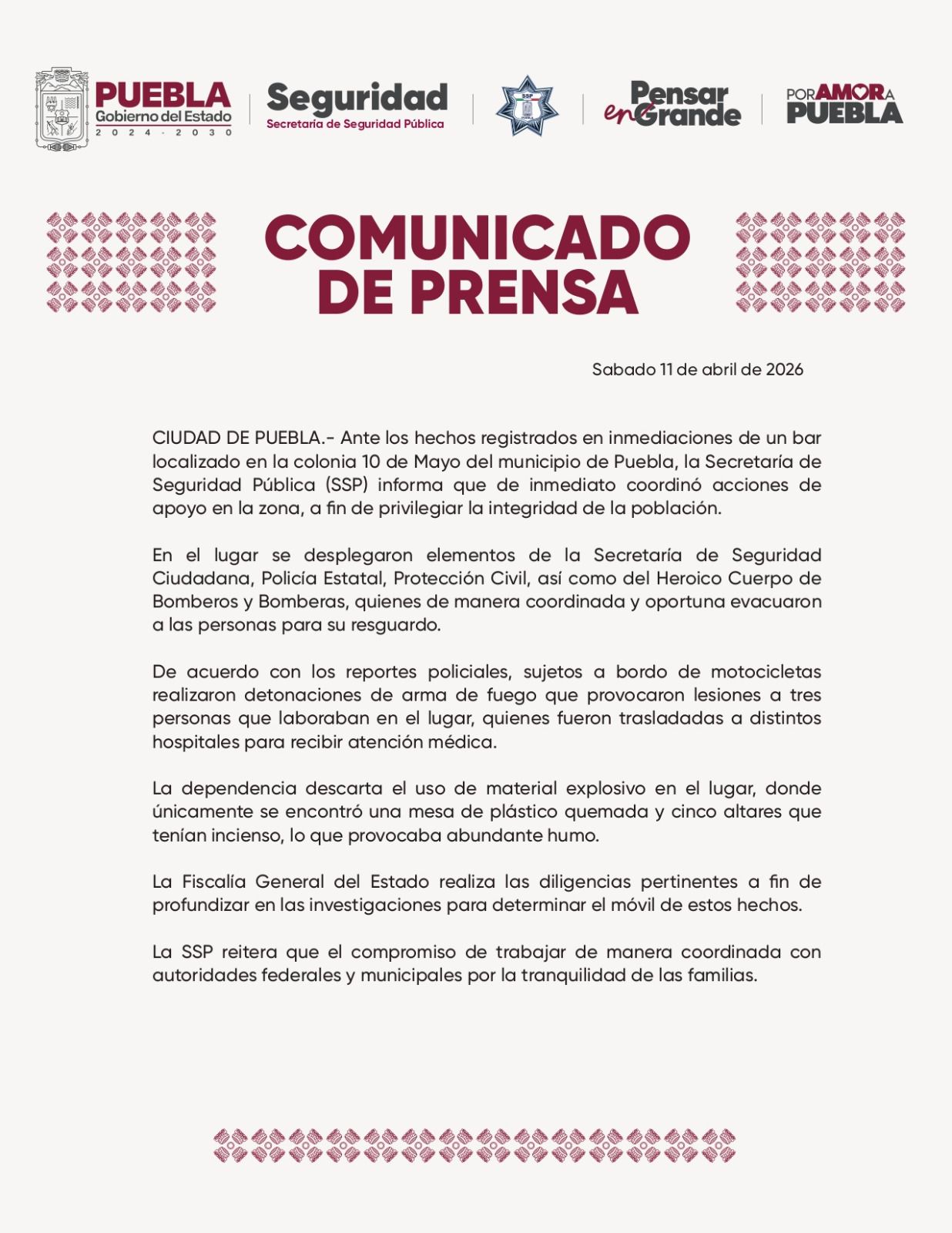 Ataque armado en bar de la colonia 10 de Mayo deja tres lesionados en Puebla ssp